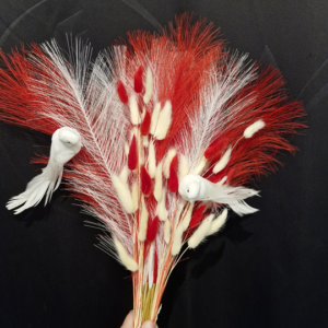 Bouquet pampas rouge et blanc avec colombes