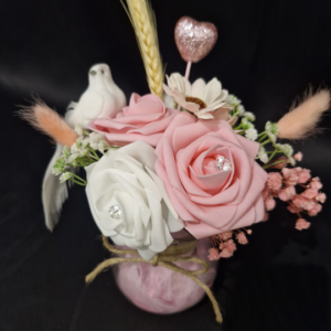 Bouquet avec vase plume roses et colombe
