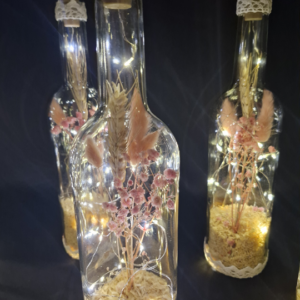 Bouteille champêtre rose avec led