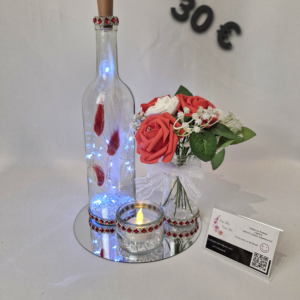 Centre de table miroir, strass , fleurs rouges et blanches 